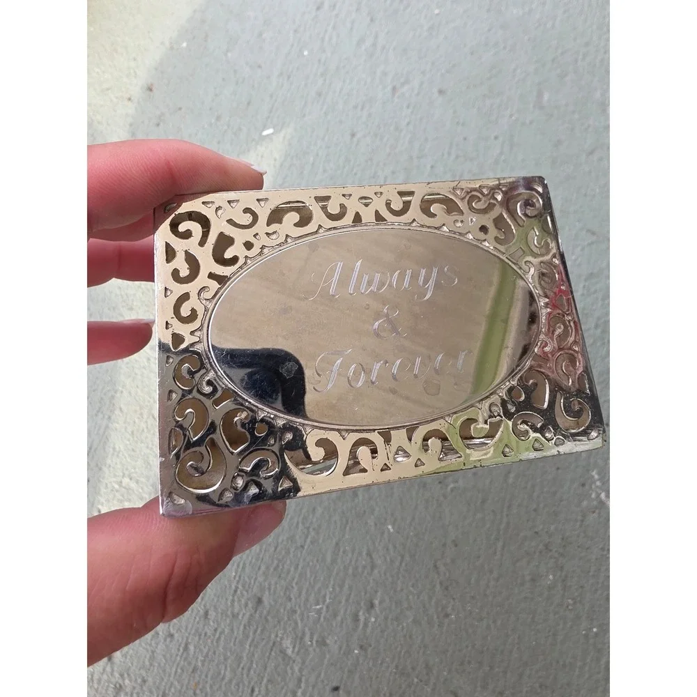 Always & Forever Silver‎ Tone Filigree Jewelry Trinket Box Faux Pearl Accent Z2
